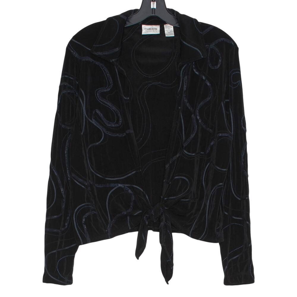 Chicos Travelers Slinky Black Tie Front Cardigan Stretch Travel‎ Art To Wear Y2K